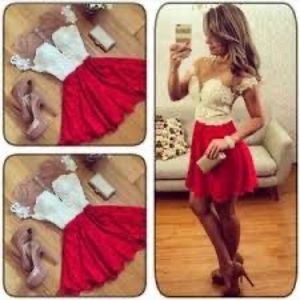Red/White/Nude Fashion Lace Dress (size S)🌹